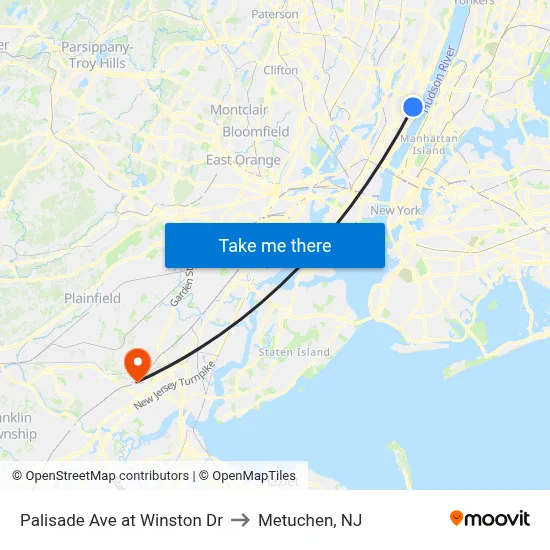Palisade Ave at Winston Dr to Metuchen, NJ map