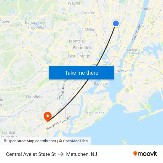 Central Ave at State St to Metuchen, NJ map