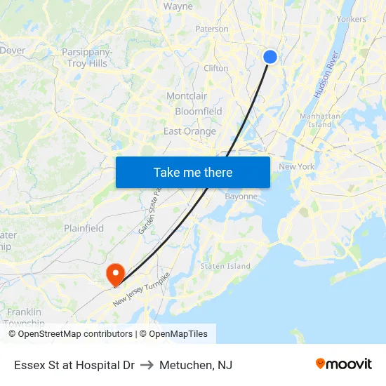 Essex St at Hospital Dr to Metuchen, NJ map