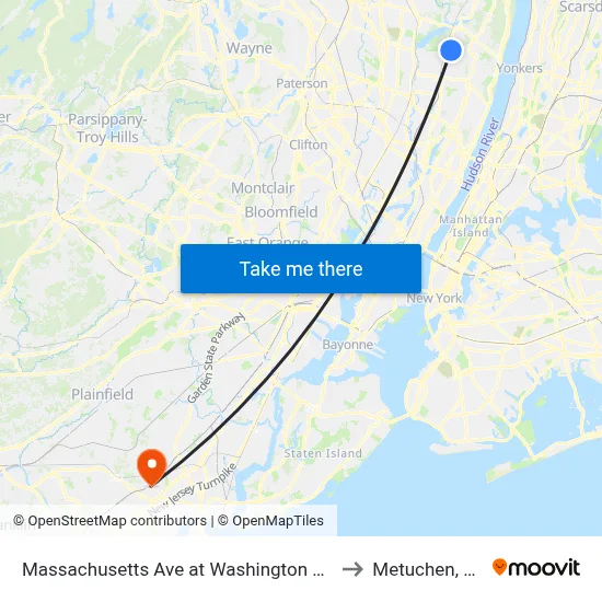 Massachusetts Ave at Washington Ave to Metuchen, NJ map