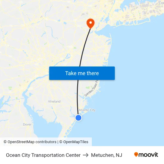 Ocean City Transportation Center to Metuchen, NJ map