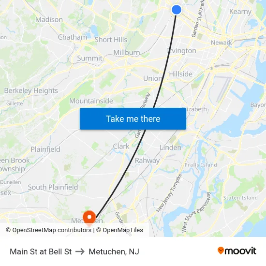 Main St at Bell St to Metuchen, NJ map