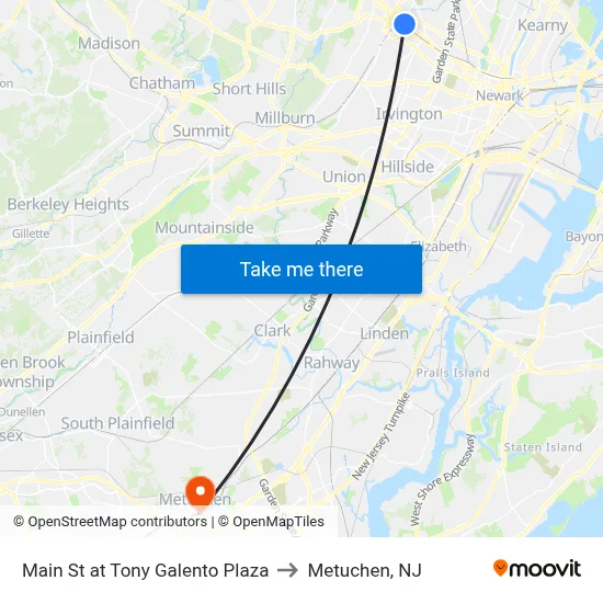 Main St at Tony Galento Plaza to Metuchen, NJ map