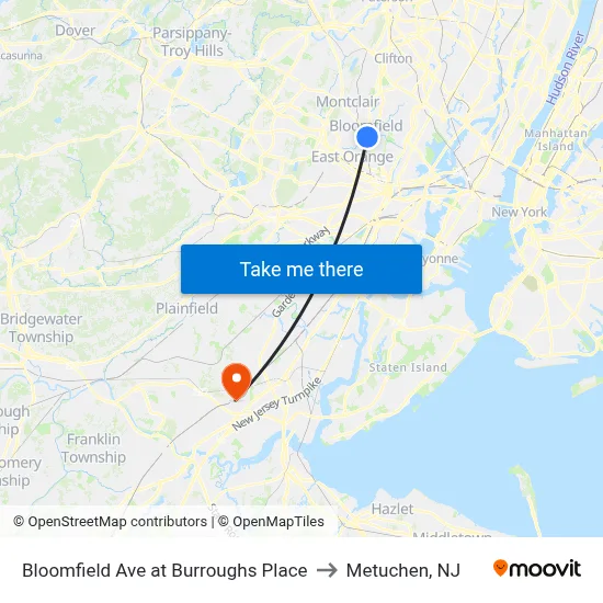 Bloomfield Ave at Burroughs Place to Metuchen, NJ map