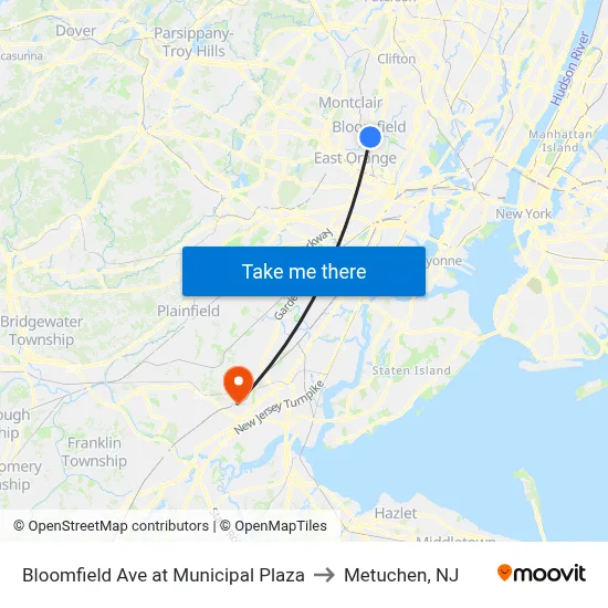 Bloomfield Ave at Municipal Plaza to Metuchen, NJ map