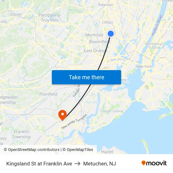 Kingsland St at Franklin Ave to Metuchen, NJ map