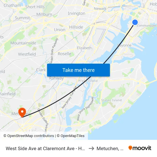 West Side Ave at Claremont Ave - Hblr to Metuchen, NJ map