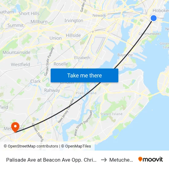 Palisade Ave at Beacon Ave Opp. Christ Hospital to Metuchen, NJ map