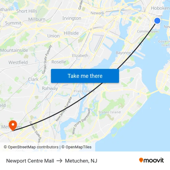 Newport Centre Mall to Metuchen, NJ map