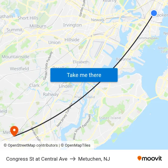 Congress St at Central Ave to Metuchen, NJ map
