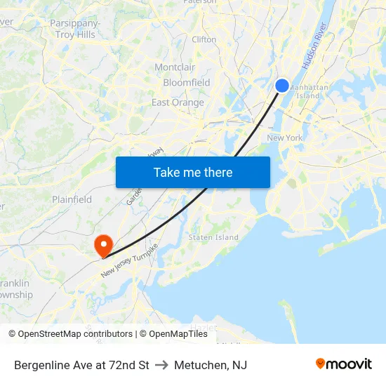Bergenline Ave at 72nd St to Metuchen, NJ map