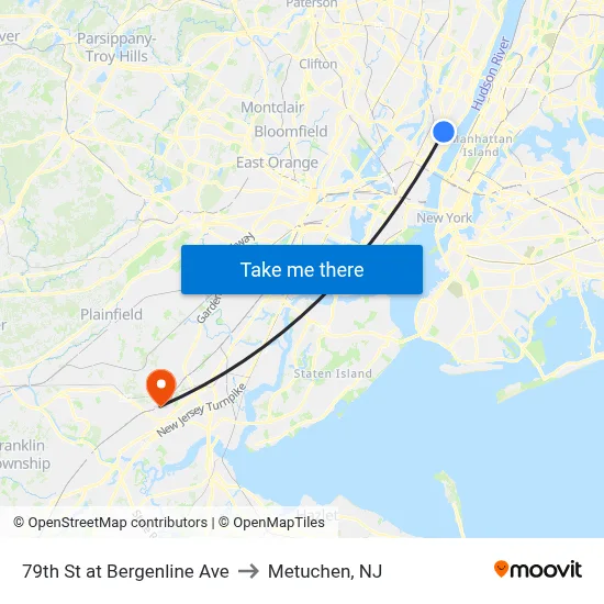 79th St at Bergenline Ave to Metuchen, NJ map