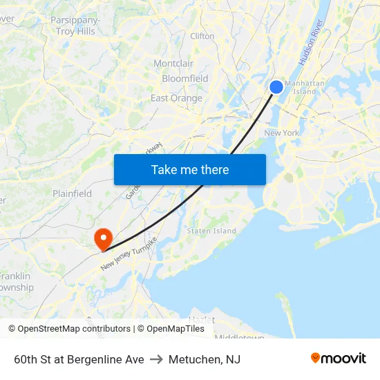 60th St at Bergenline Ave to Metuchen, NJ map