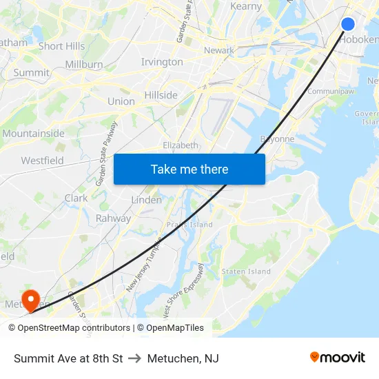 Summit Ave at 8th St to Metuchen, NJ map