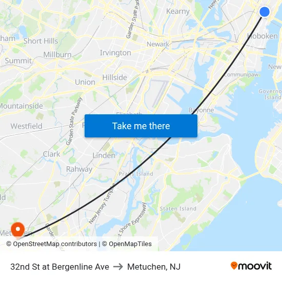 32nd St at Bergenline Ave to Metuchen, NJ map
