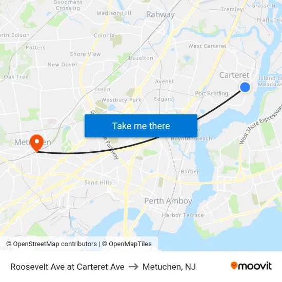 Roosevelt Ave at Carteret Ave to Metuchen, NJ map