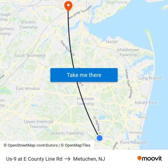 Us-9 at E County Line Rd to Metuchen, NJ map
