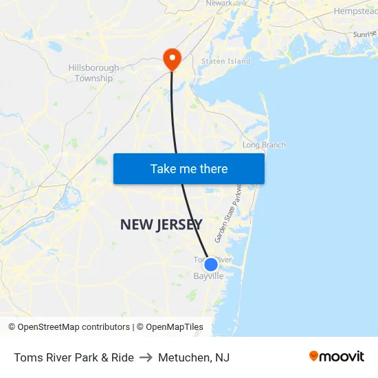 Toms River Park & Ride to Metuchen, NJ map