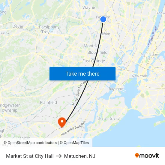 Market St at City Hall to Metuchen, NJ map