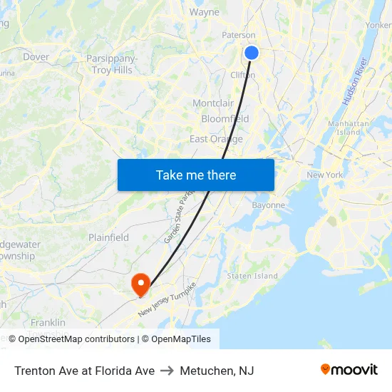 Trenton Ave at Florida Ave to Metuchen, NJ map