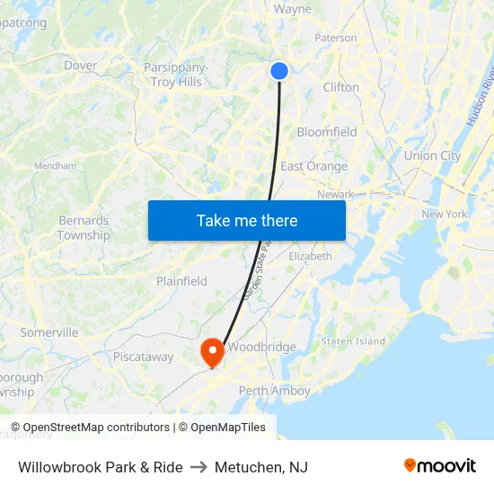 Willowbrook Park & Ride to Metuchen, NJ map