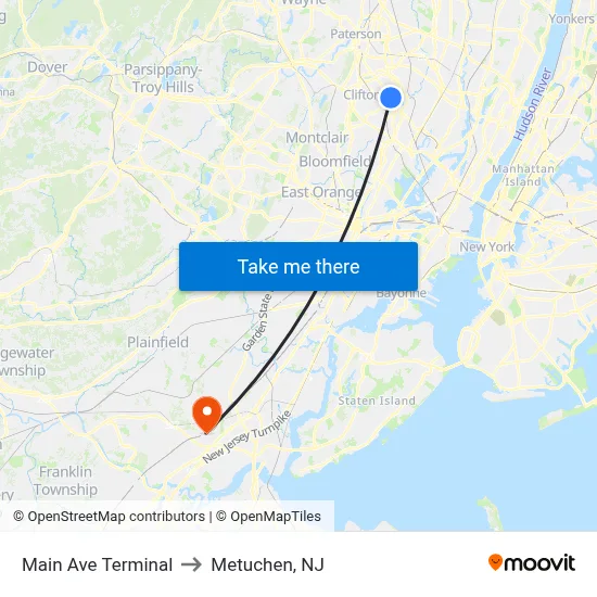 Main Ave Terminal to Metuchen, NJ map