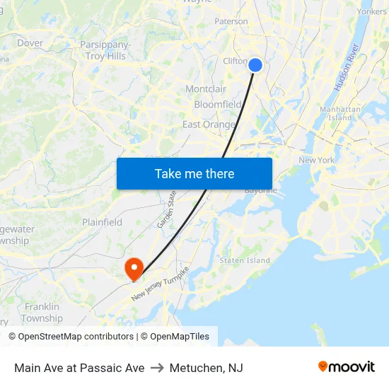 Main Ave at Passaic Ave to Metuchen, NJ map