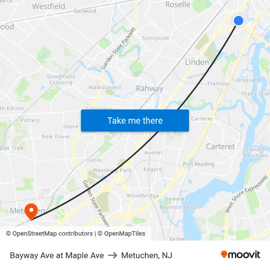 Bayway Ave at Maple Ave to Metuchen, NJ map