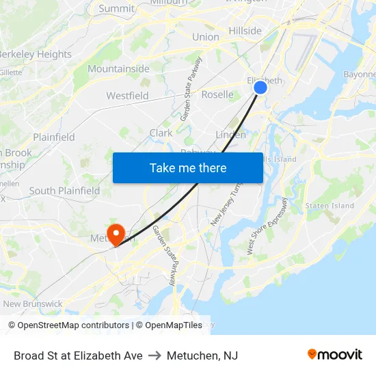 Broad St at Elizabeth Ave to Metuchen, NJ map