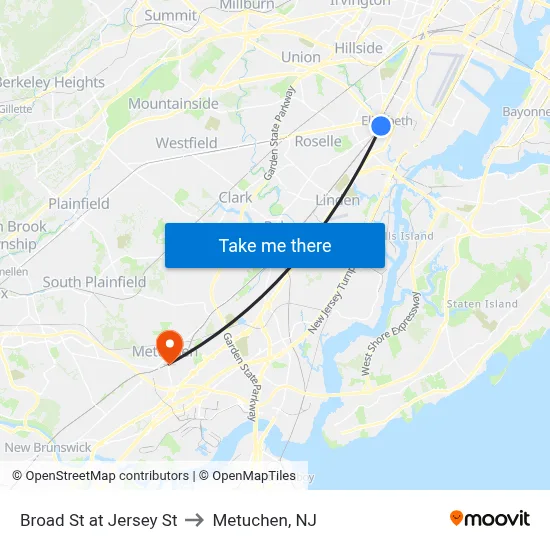 Broad St at Jersey St to Metuchen, NJ map
