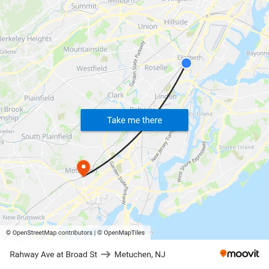 Rahway Ave at Broad St to Metuchen, NJ map
