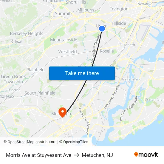 Morris Ave at Stuyvesant Ave to Metuchen, NJ map