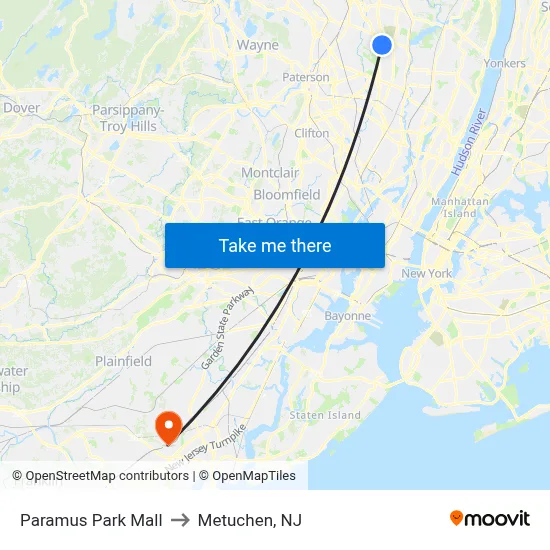 Paramus Park Mall to Metuchen, NJ map