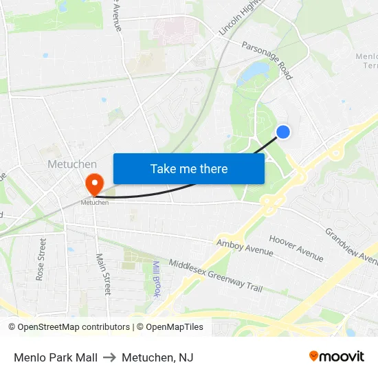 Menlo Park Mall to Metuchen, NJ map