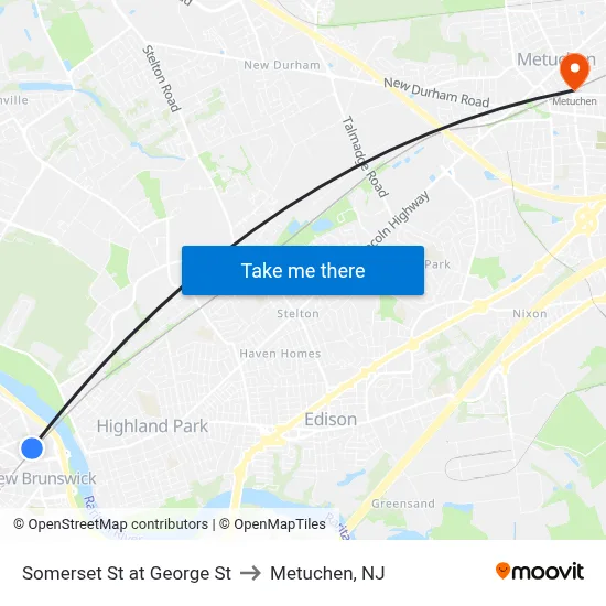 Somerset St at George St to Metuchen, NJ map