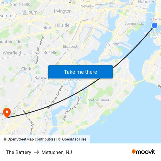 The Battery to Metuchen, NJ map