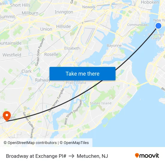 Broadway at Exchange Pl# to Metuchen, NJ map
