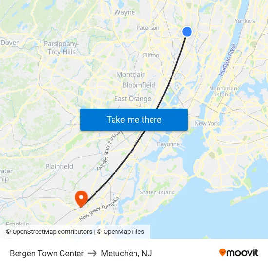 Bergen Town Center to Metuchen, NJ map