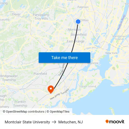 Montclair State University to Metuchen, NJ map