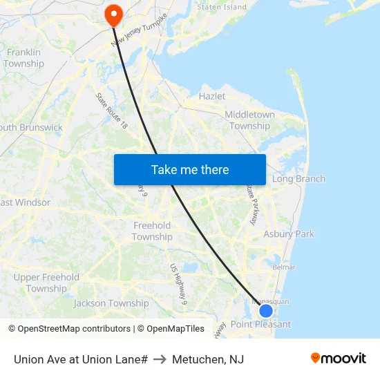 Union Ave at Union Lane# to Metuchen, NJ map