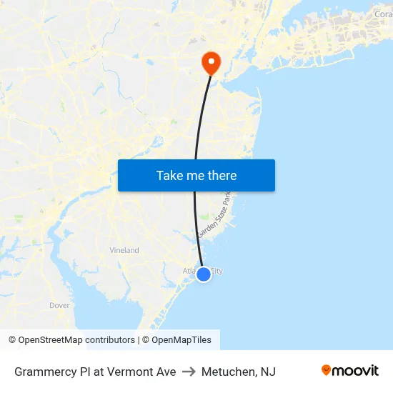 Grammercy Pl at Vermont Ave to Metuchen, NJ map