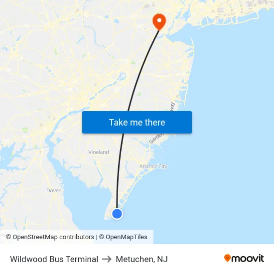 Wildwood Bus Terminal to Metuchen, NJ map