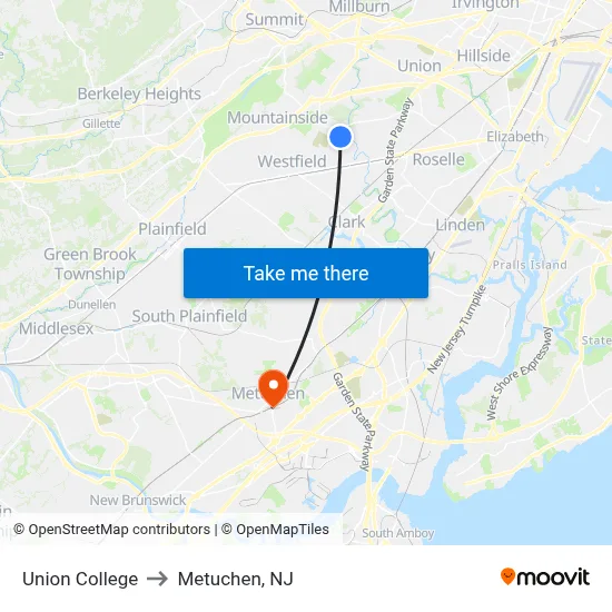 Union College to Metuchen, NJ map