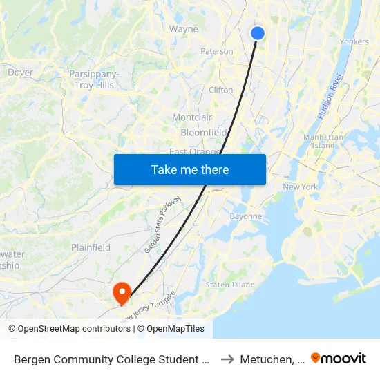 Bergen Community College Student Center to Metuchen, NJ map