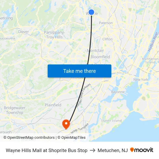 Wayne Hills Mall at Shoprite Bus Stop to Metuchen, NJ map