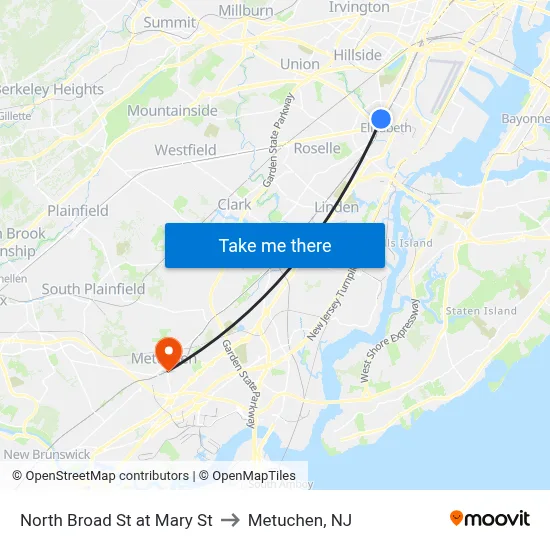 North Broad St at Mary St to Metuchen, NJ map