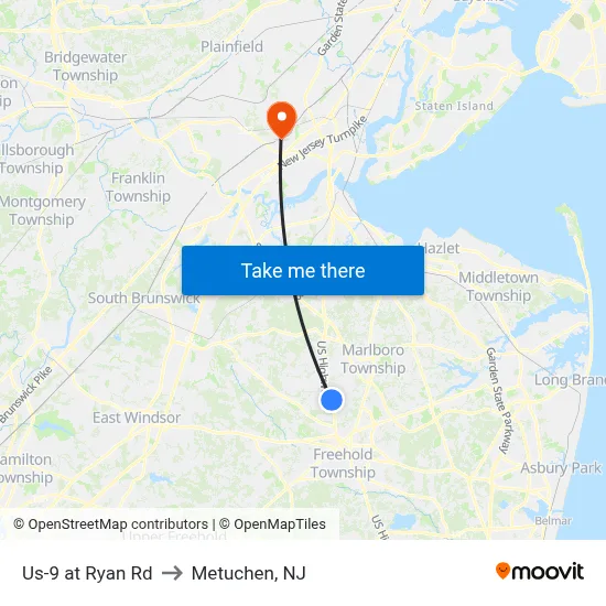 Us-9 at Ryan Rd to Metuchen, NJ map