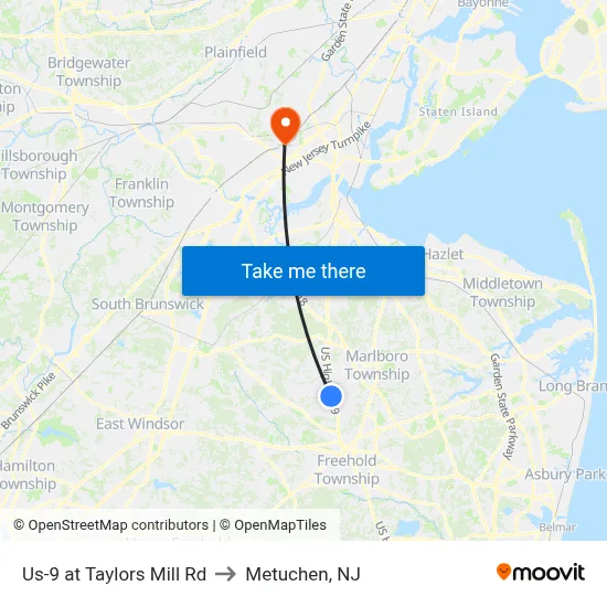Us-9 at Taylors Mill Rd to Metuchen, NJ map