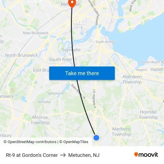 Rt-9 at Gordon's Corner to Metuchen, NJ map