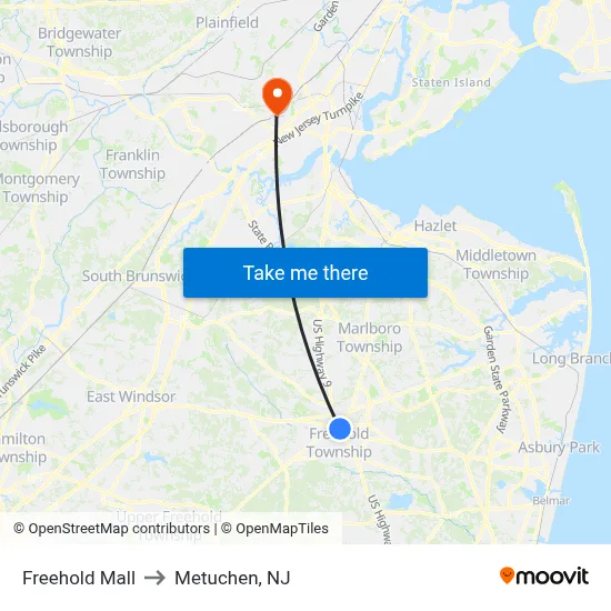 Freehold Mall to Metuchen, NJ map